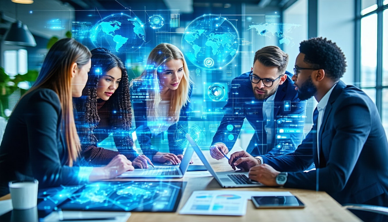 Professional diverse business team collaborating on digital strategy surrounded by holographic analytics in a modern office with natural light Clean highend corporate look Digital transformation theme color palette navy blue and green Landscape layou-1