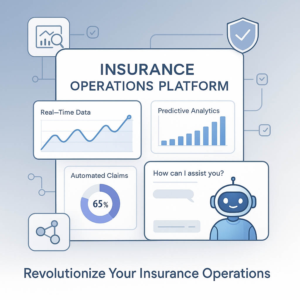 The image depicts a sleek modern digital interface showcasing an insurance operations platform The background features a clean minimalist design with a soft gradient transitioning from blue to white evoking a sense of trust and professionalism In the