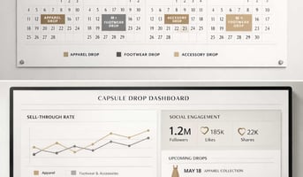 Highend fashion brand planning studio wall calendar and digital dashboard showing AIoptimized capsule drop dates for apparel footwear and luxury acces-1