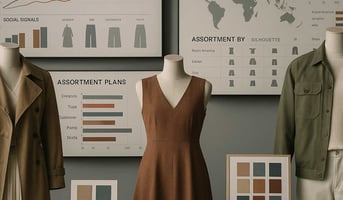 Fashion merchandising war room with dashboards of AI trend trajectories and assortment plans by silhouette and region.