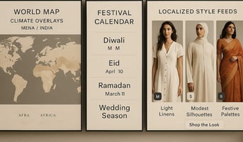 Personalization command center with climate overlays for MENA and India, festival calendars, and localized style feeds showing size badges and “shop the look.”