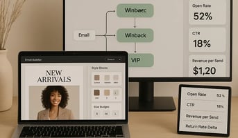 An elegant marketing operations workspace laptop and monitor show a fashion email builder with personalized style blocks silhouette tags palette chips