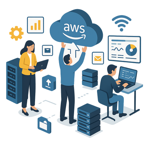 Isometric illustration of IT engineers managing cloud servers uploading data and monitoring AWS cloud dashboards Digital transformation concept with modern icons no background professional color palette-1-1