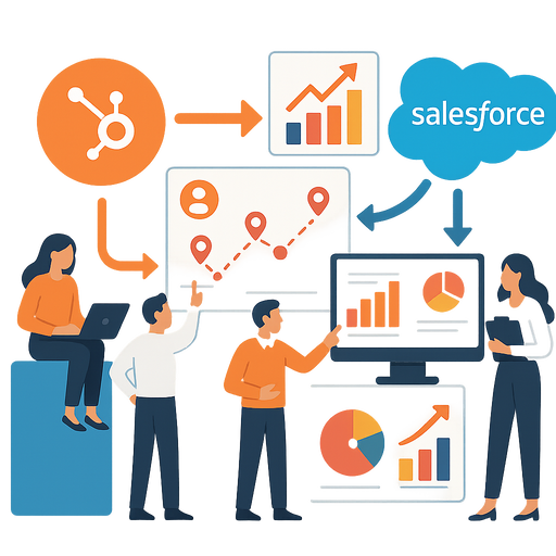 Isometric illustration of a marketing and sales team integrating CRM platforms connecting HubSpot and Salesforce with data flow arrows customer journey maps and charts Modern flat design no background-1-1