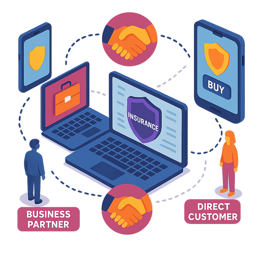 Isometric illustration of an insurance platform connecting business partners and direct customers showing laptops mobile devices and handshake icons Digital commerce theme vibrant yet professional style no background-1