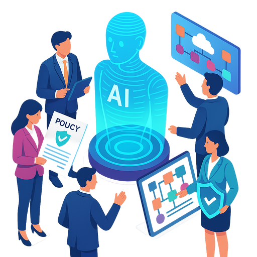 Isometric illustration of insurance professionals collaborating with AI holograms policy documents and cloudbased workflow charts Futuristic vibrant yet professional colors no background clear vector lines-1-1