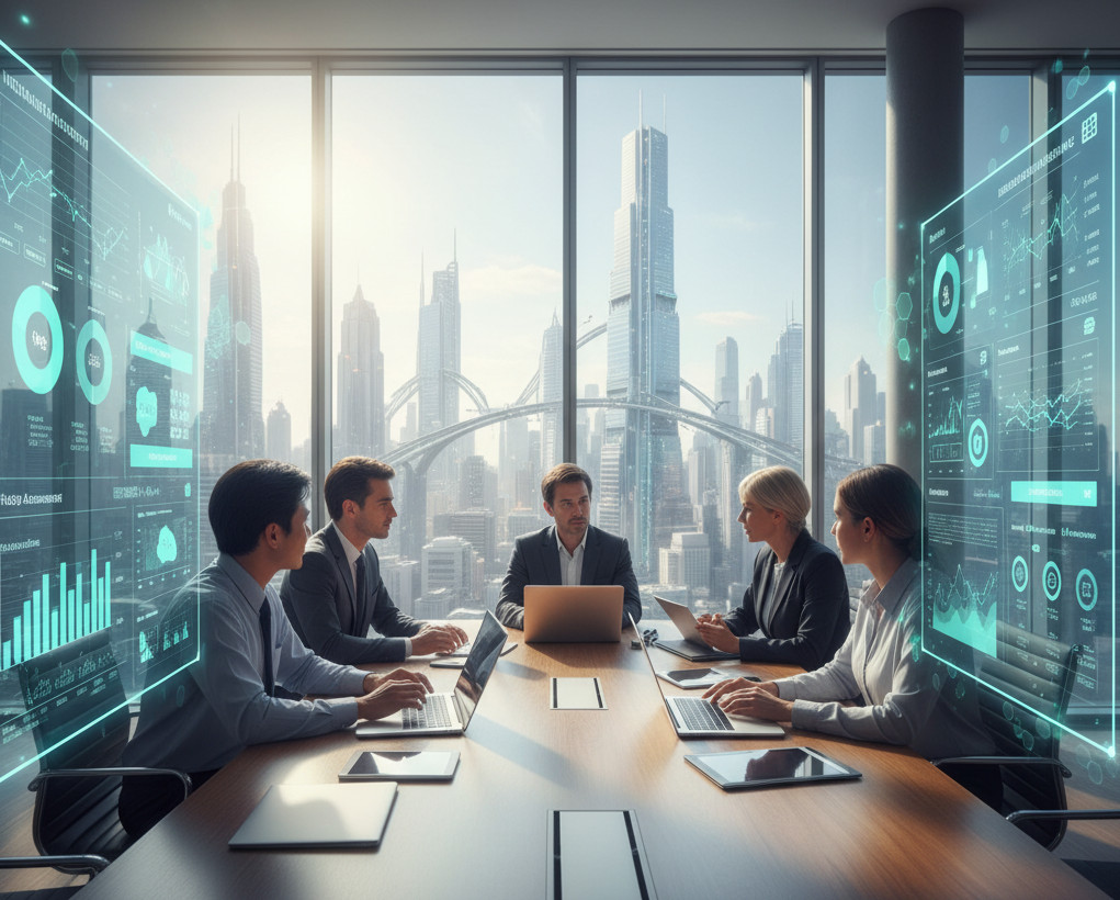 Image showing a diverse team of professionals in a bright, modern office discussing insurance and business analytics displayed on large digital screens.